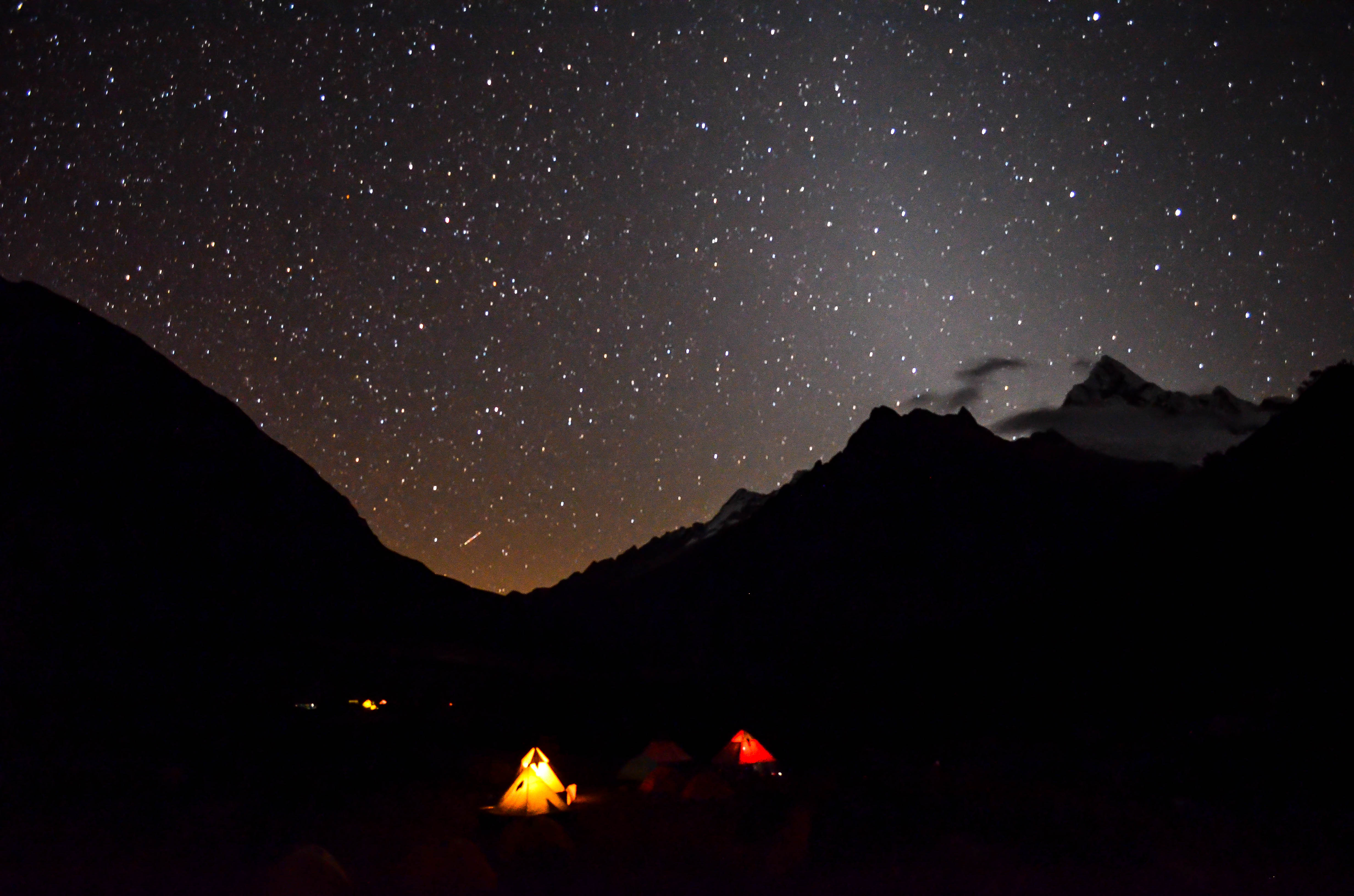 Base camp at night on Santa Cruz trek